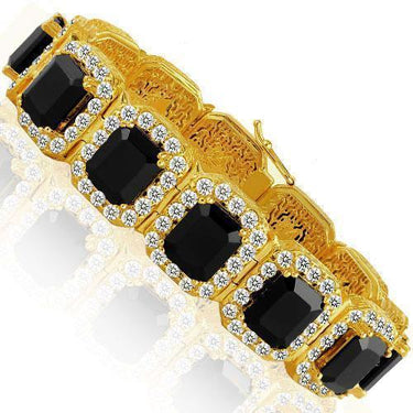 14K Yellow Solid Gold Mens Diamond Black Onyx Bracelet 56.00 Ctw